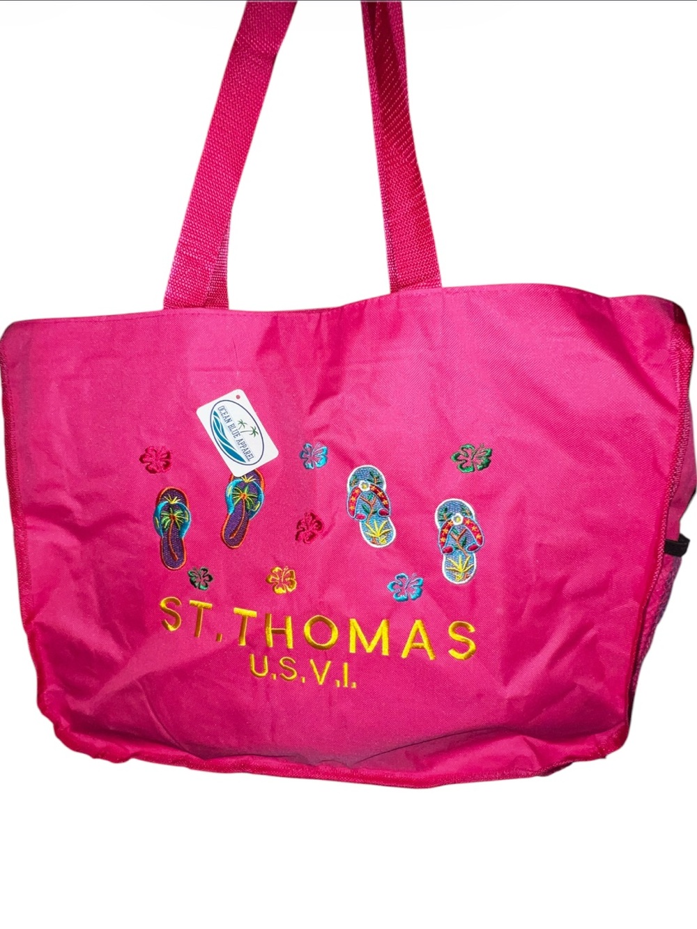 NWT St. Thomas Pink Embroidered Flip Flop Beach Tote Bag
